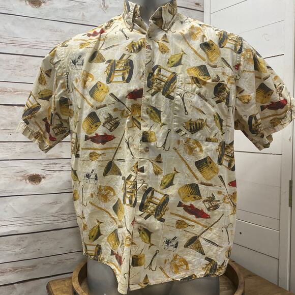 Crossings Mens Camp Fly Fishing Fish Shirt Aloha Hawaiian Button Down Pocket L - Picture 1 of 7